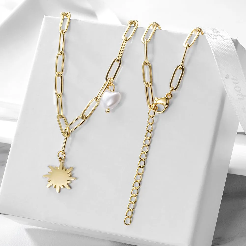 Gold Sun Pendant Necklace with Heart-shaped Pearl - Hypoallergenic & Non-tarnishing