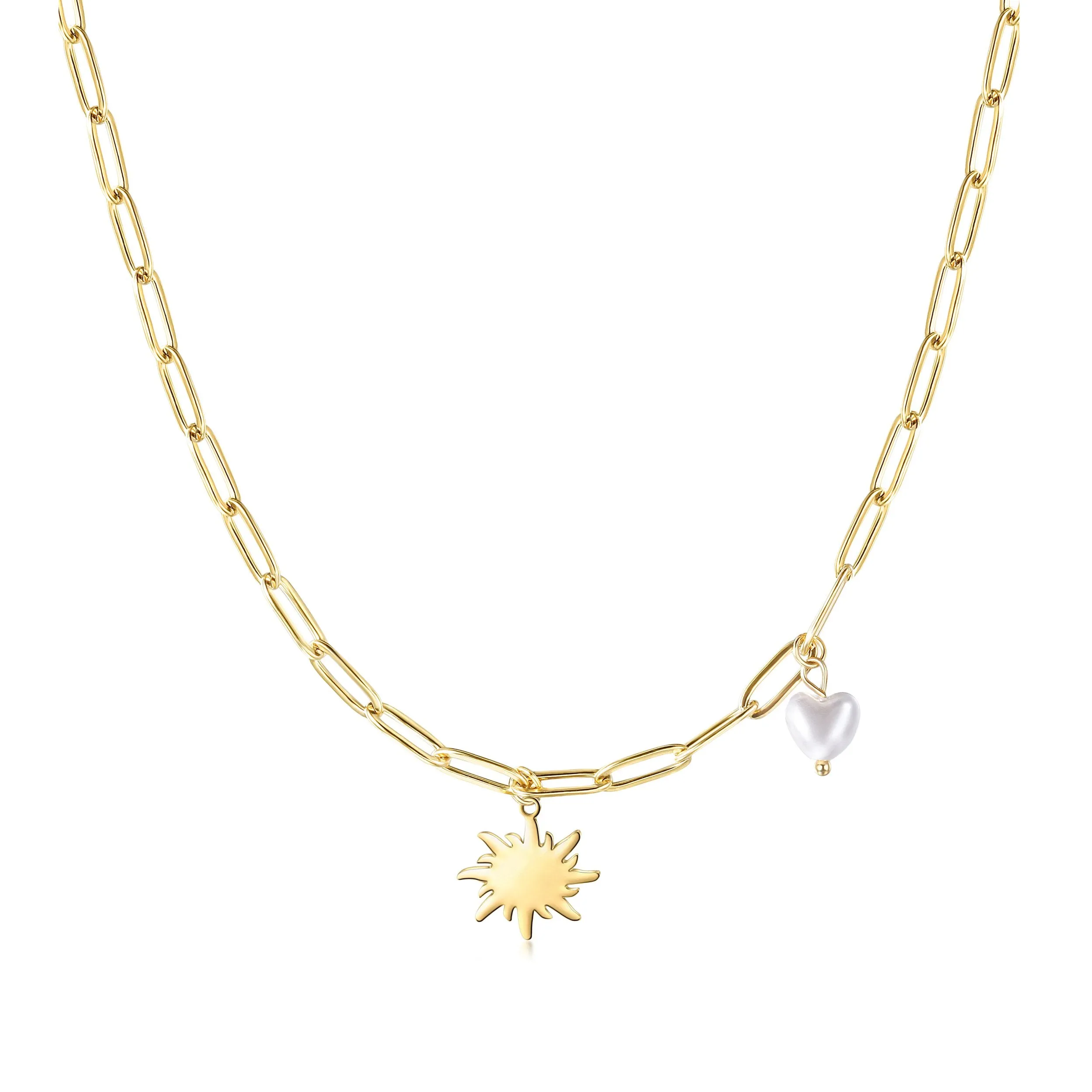 Gold Sun Pendant Necklace with Heart-shaped Pearl - Hypoallergenic & Non-tarnishing