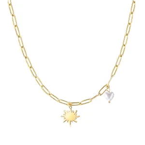 Gold Sun Pendant Necklace with Heart-shaped Pearl - Hypoallergenic & Non-tarnishing