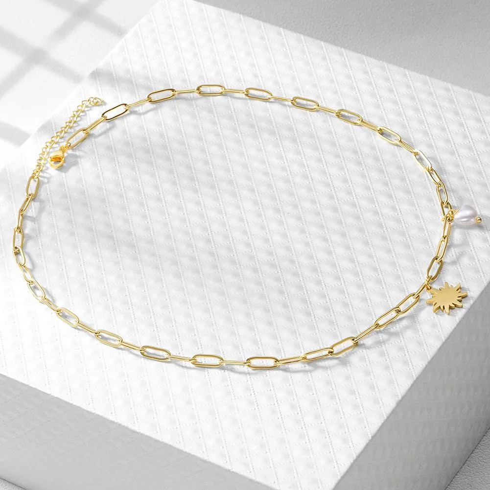 Gold Sun Pendant Necklace with Heart-shaped Pearl - Hypoallergenic & Non-tarnishing