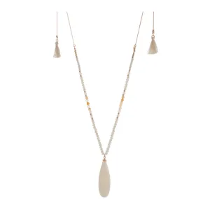 Gold Tone Adjustable Teardrop, Beads, & Tassel Necklace- Ivory