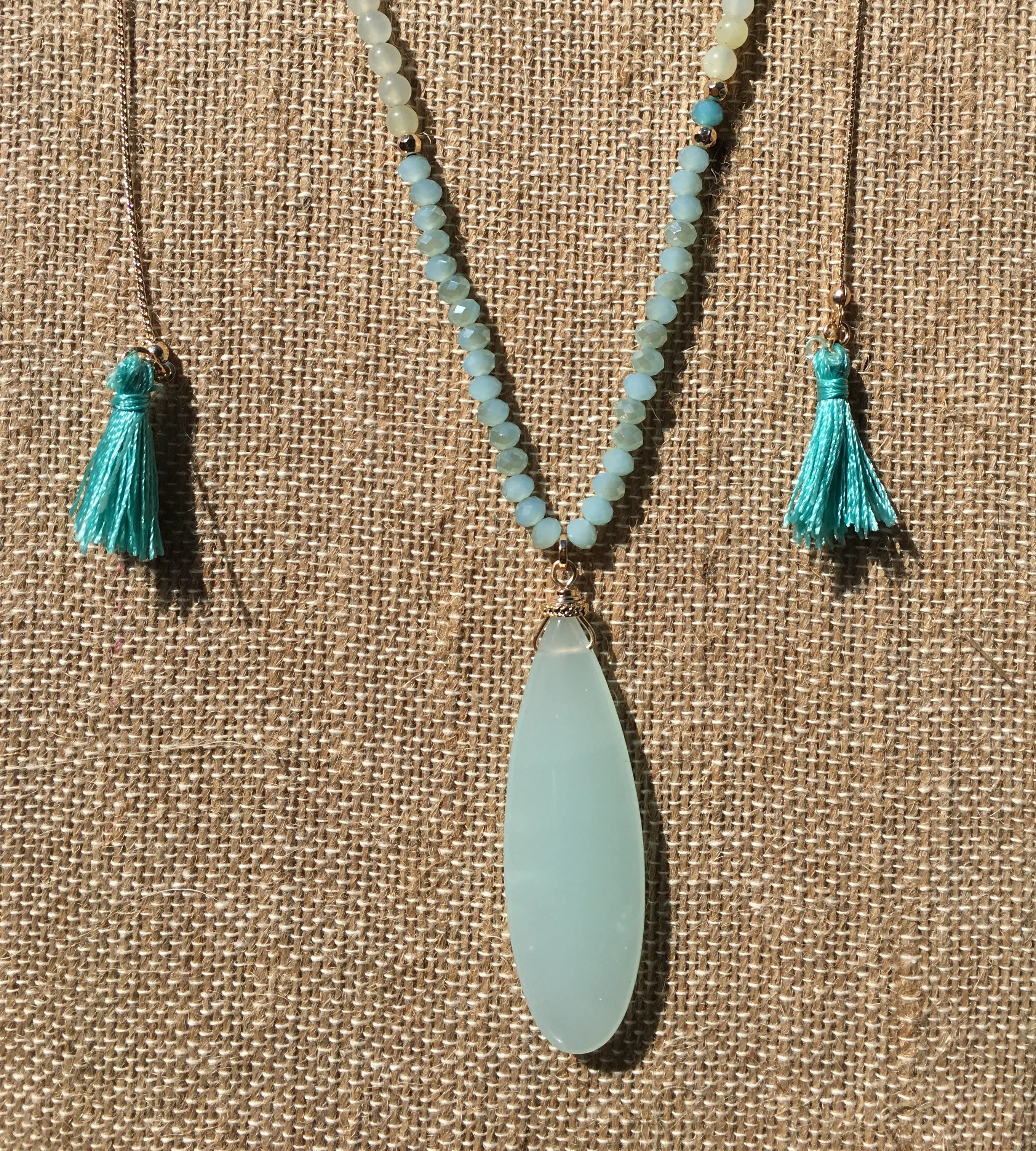 Gold Tone Adjustable Teardrop, Beads, & Tassel Necklace- Mint