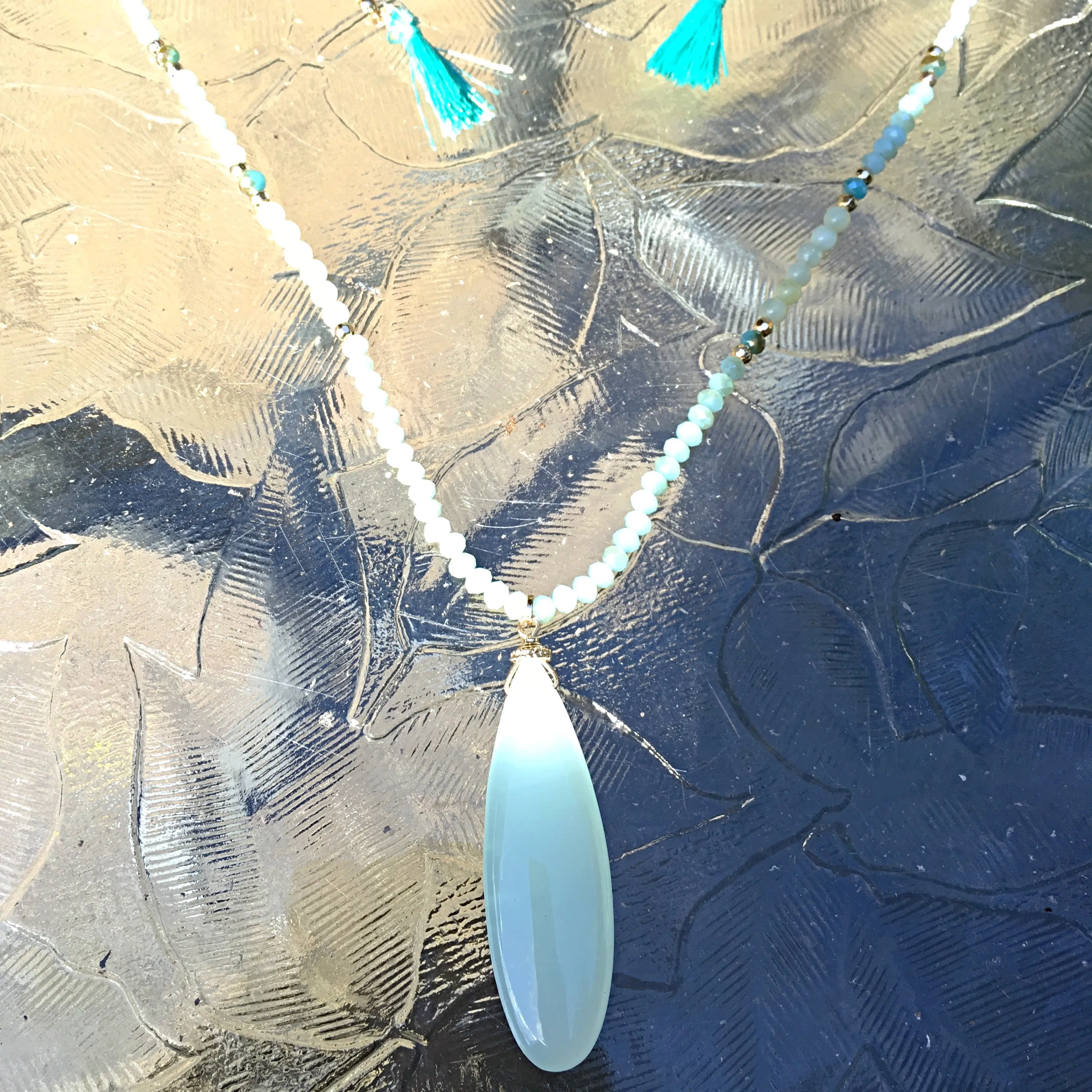 Gold Tone Adjustable Teardrop, Beads, & Tassel Necklace- Mint