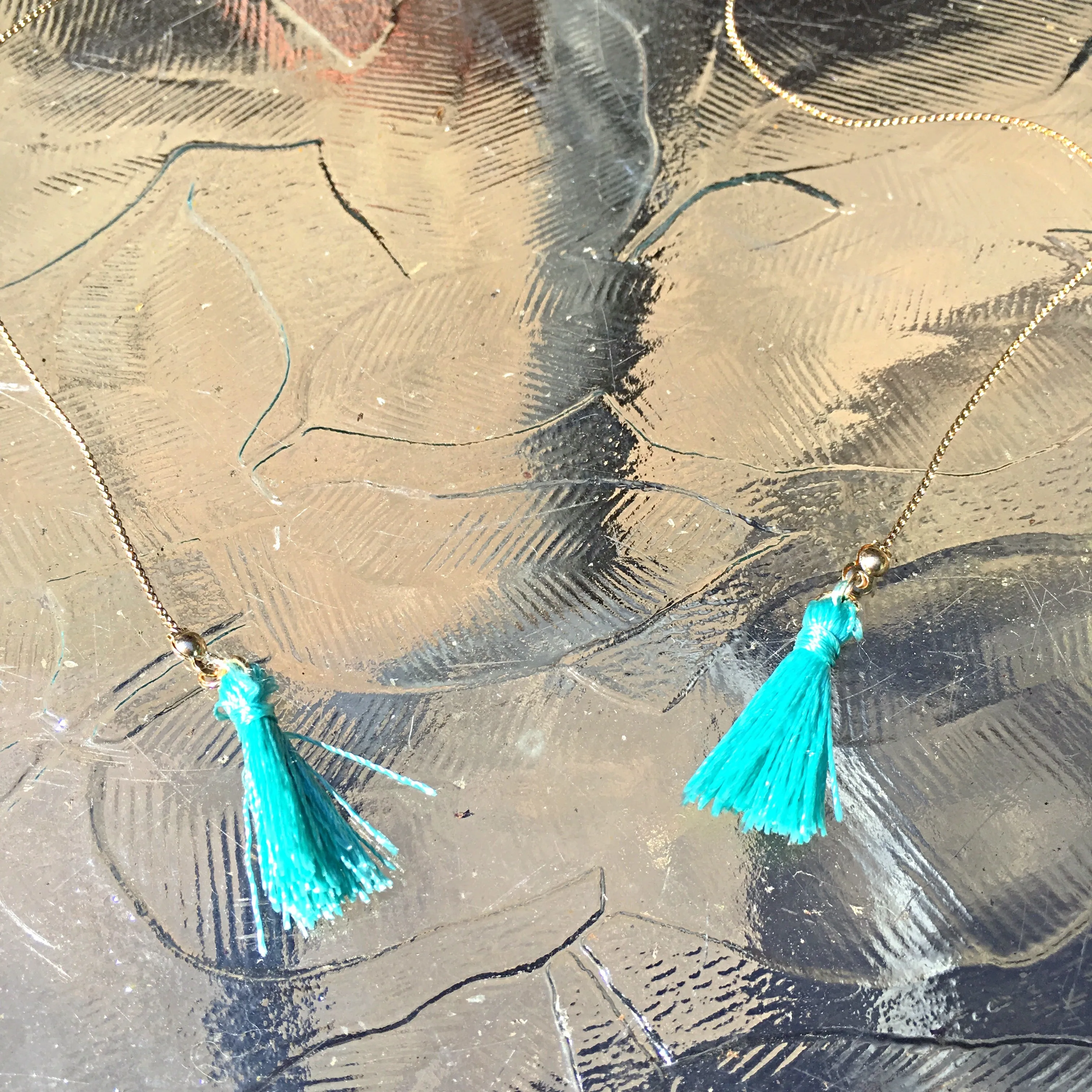 Gold Tone Adjustable Teardrop, Beads, & Tassel Necklace- Mint