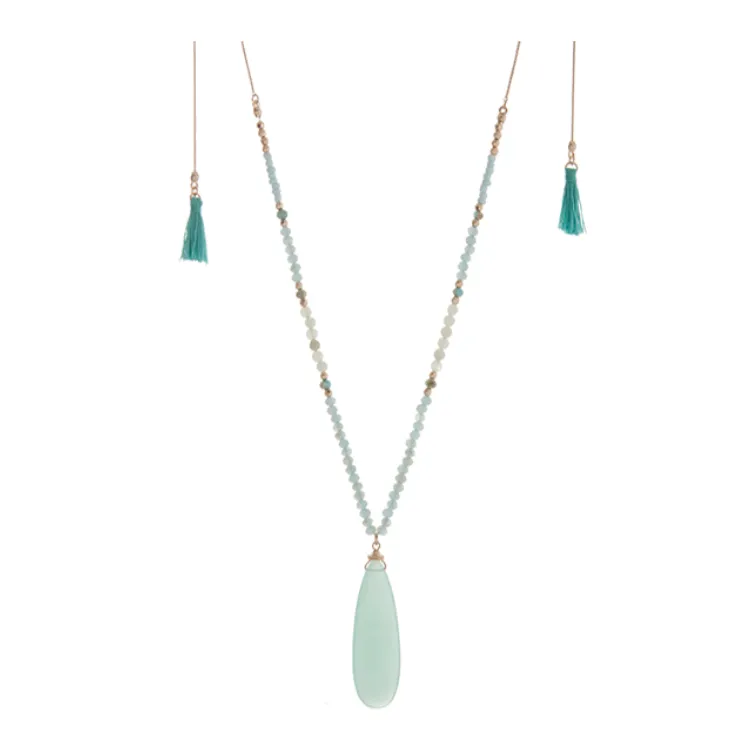 Gold Tone Adjustable Teardrop, Beads, & Tassel Necklace- Mint