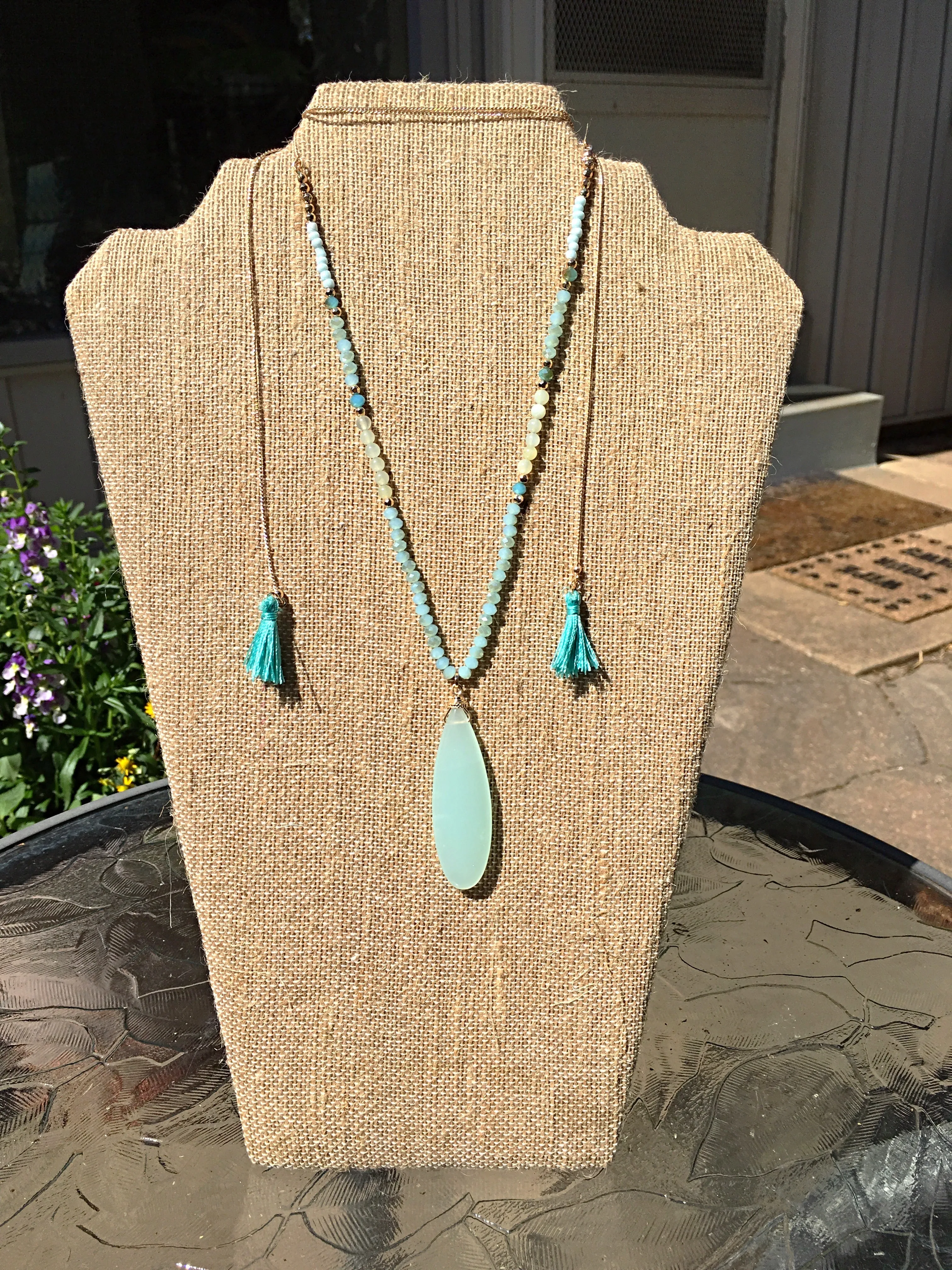 Gold Tone Adjustable Teardrop, Beads, & Tassel Necklace- Mint