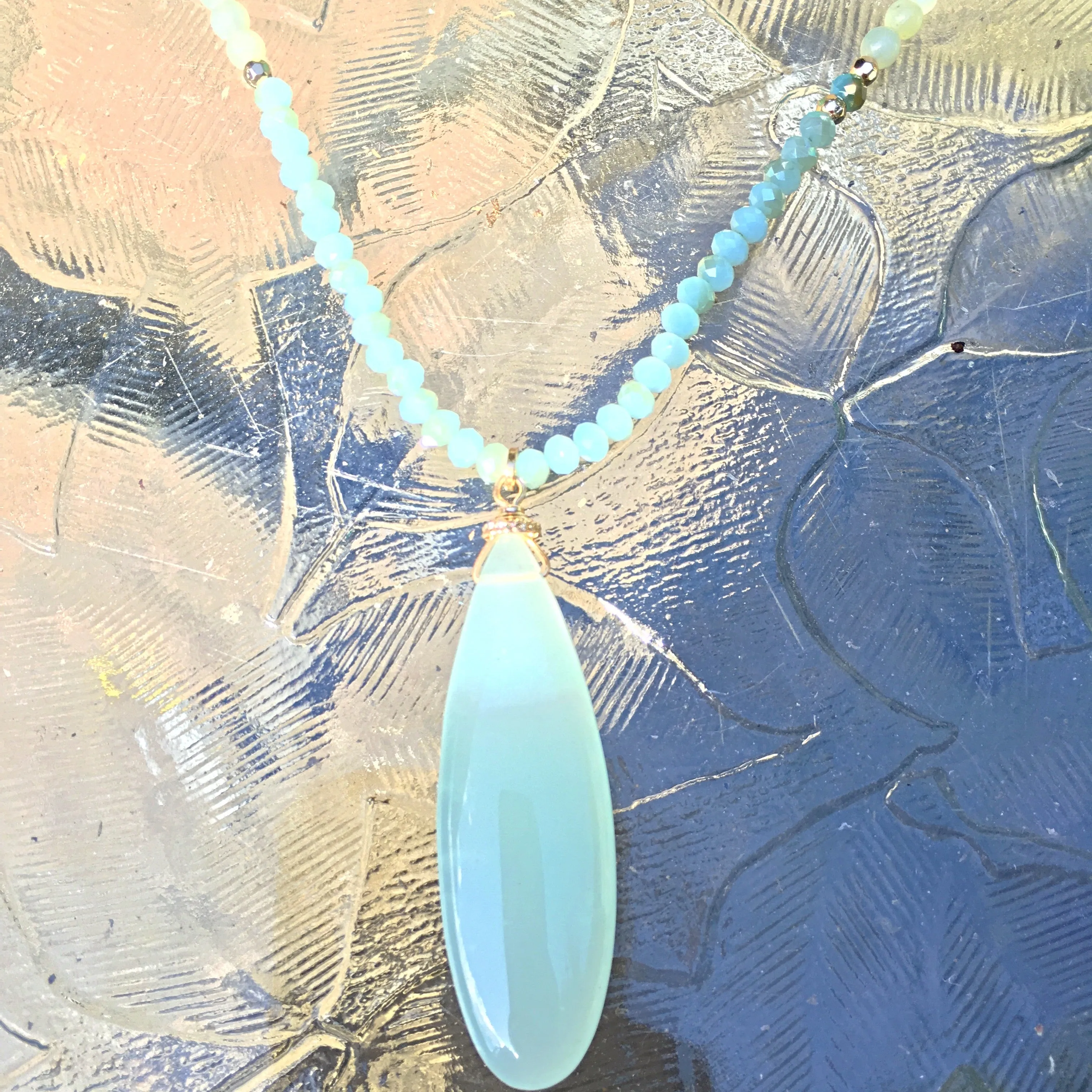 Gold Tone Adjustable Teardrop, Beads, & Tassel Necklace- Mint