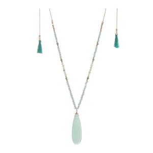 Gold Tone Adjustable Teardrop, Beads, & Tassel Necklace- Mint