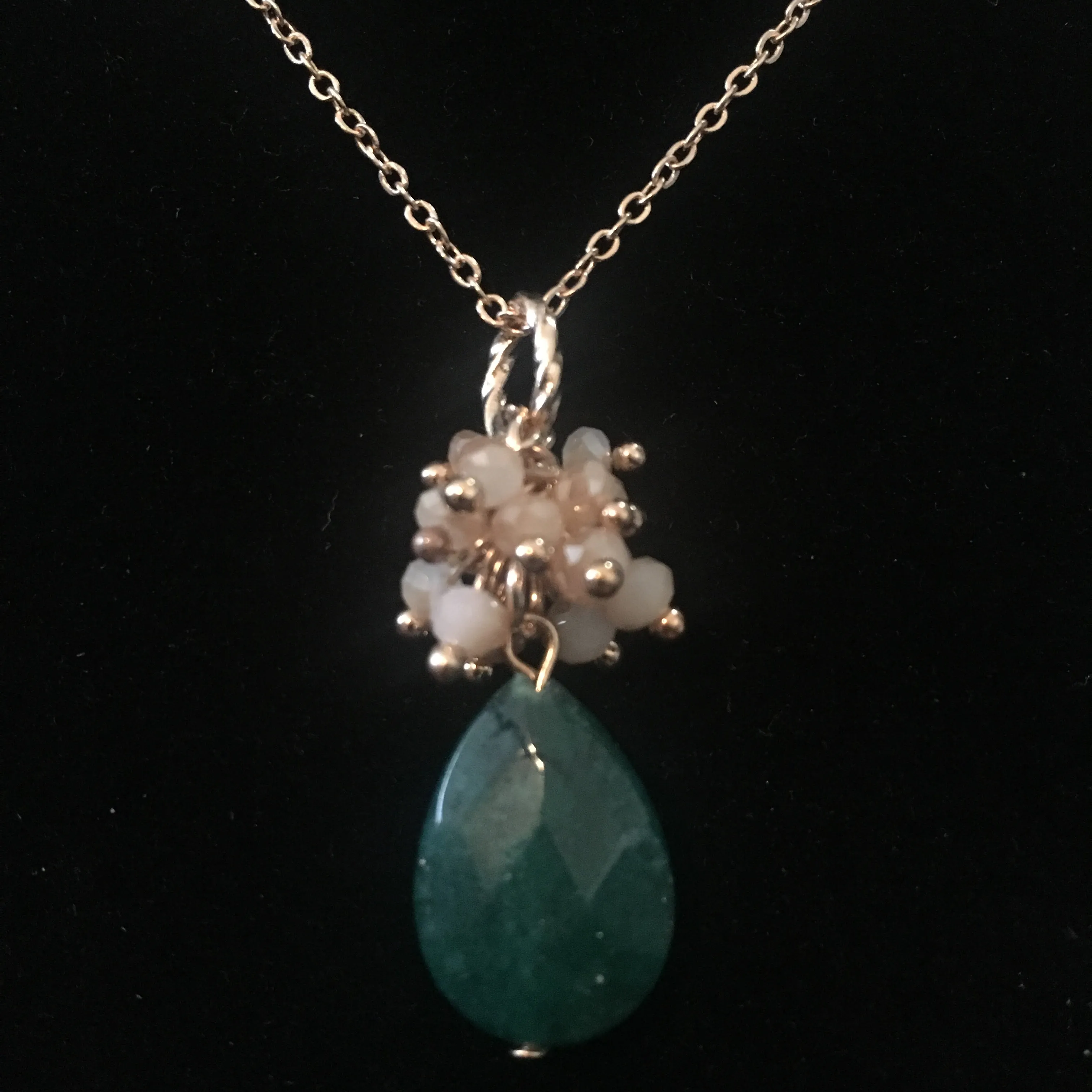 Gold Tone Beaded Teardrop Necklace- Hunter Green
