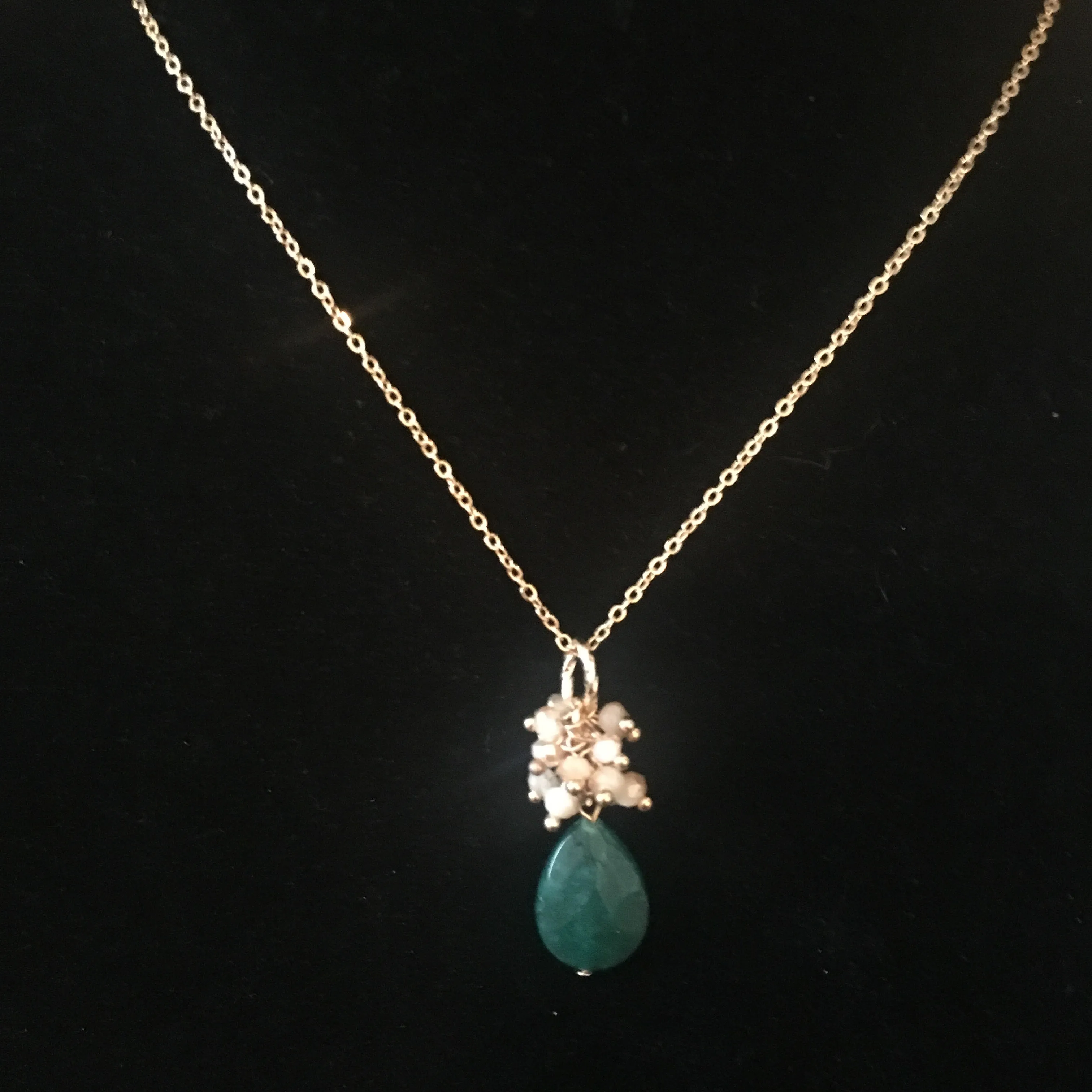 Gold Tone Beaded Teardrop Necklace- Hunter Green