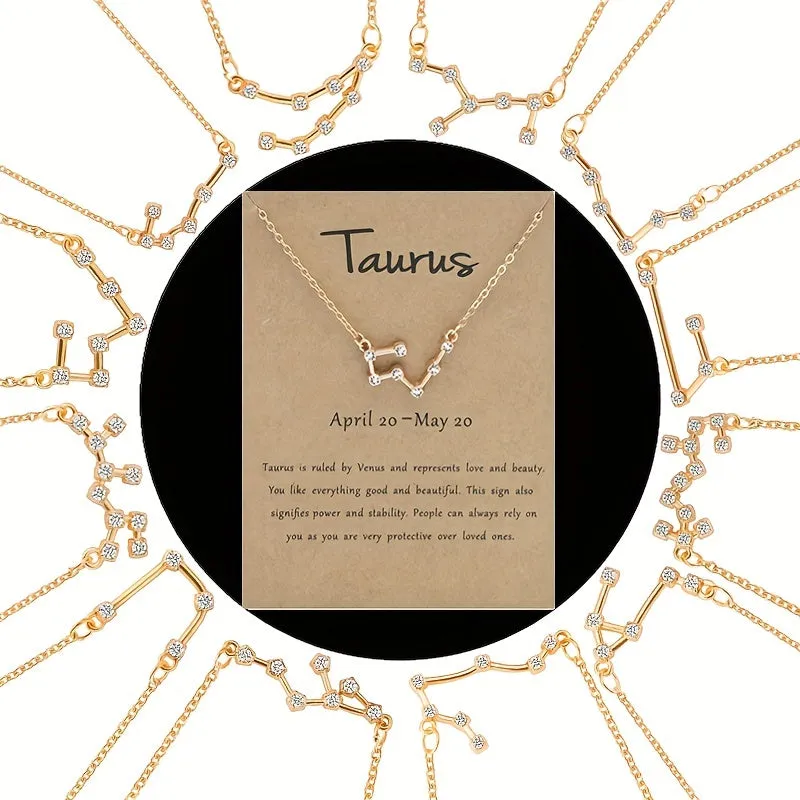 Golden Plated Zodiac Necklace with Rhinestone Star Map Pendant