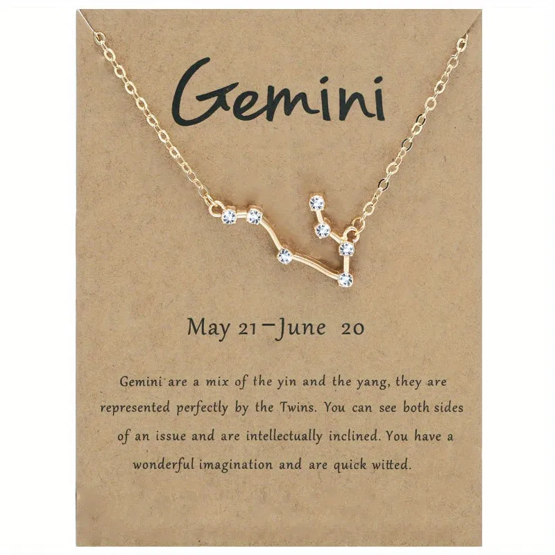Golden Plated Zodiac Necklace with Rhinestone Star Map Pendant