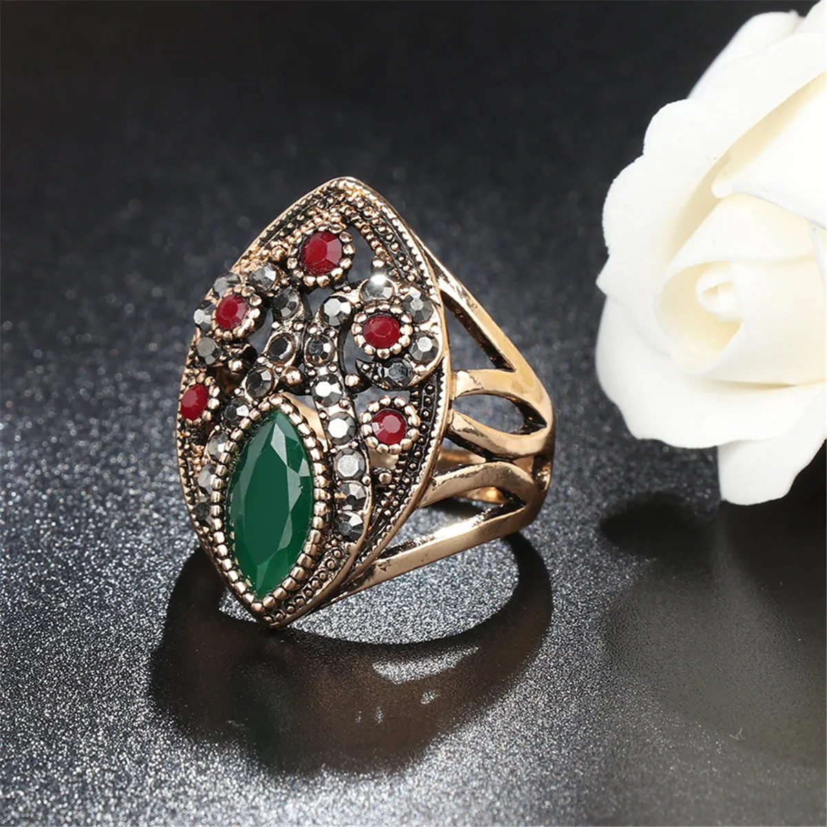 Green & Red Resin 18K Gold-Plated Geometric Ring