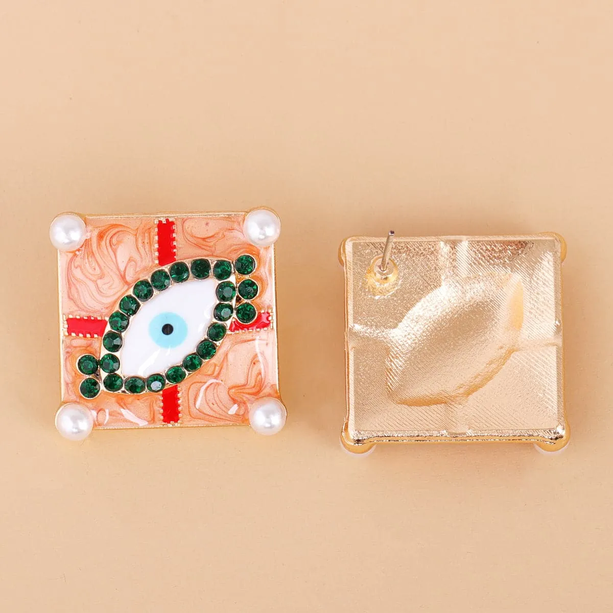 Green Cubic Zirconia & Pearl Eye Stud Earrings