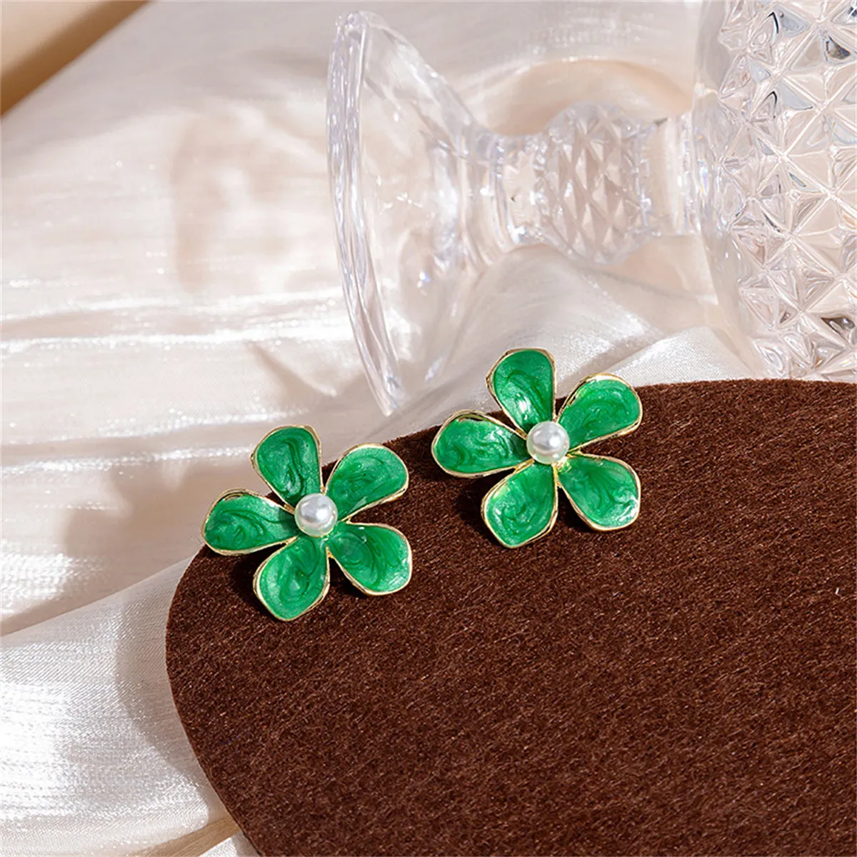 Green Enamel & Pearl Floral Stud Earrings