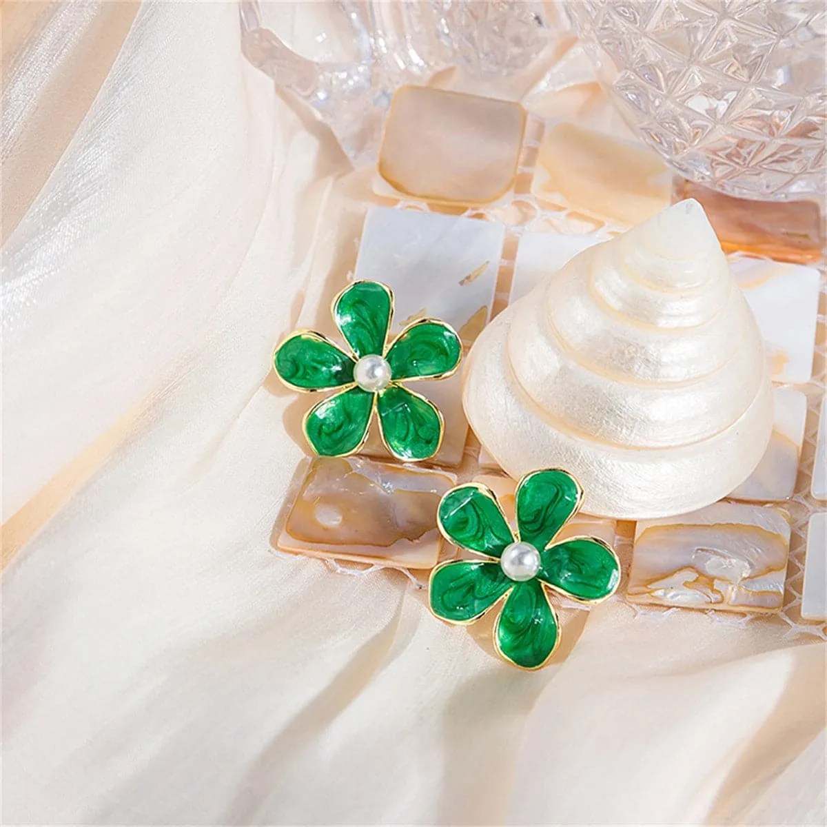 Green Enamel & Pearl Floral Stud Earrings