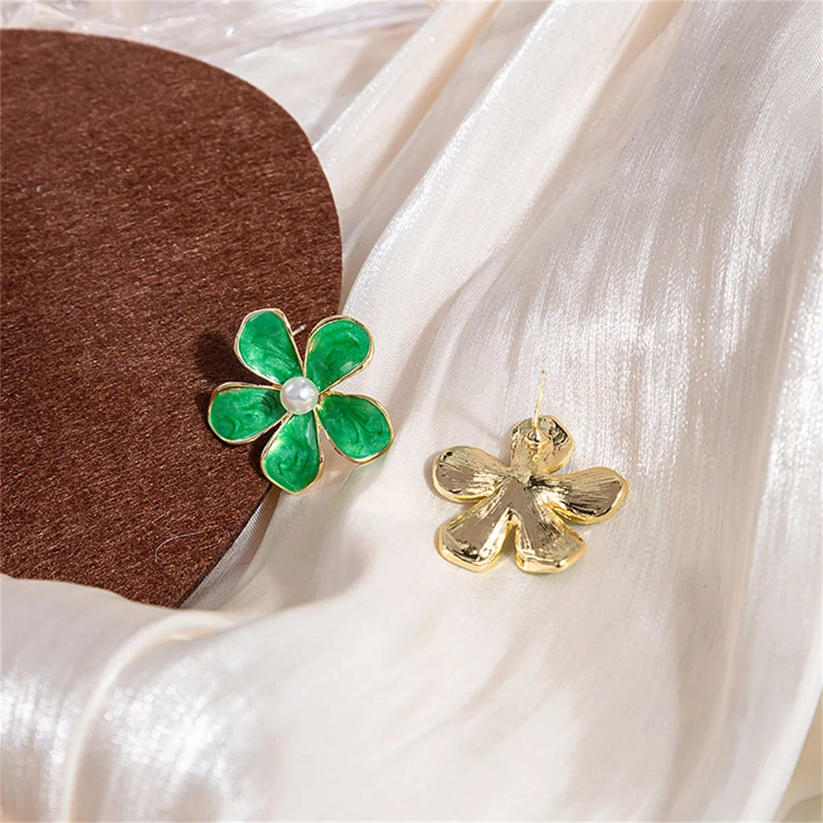 Green Enamel & Pearl Floral Stud Earrings