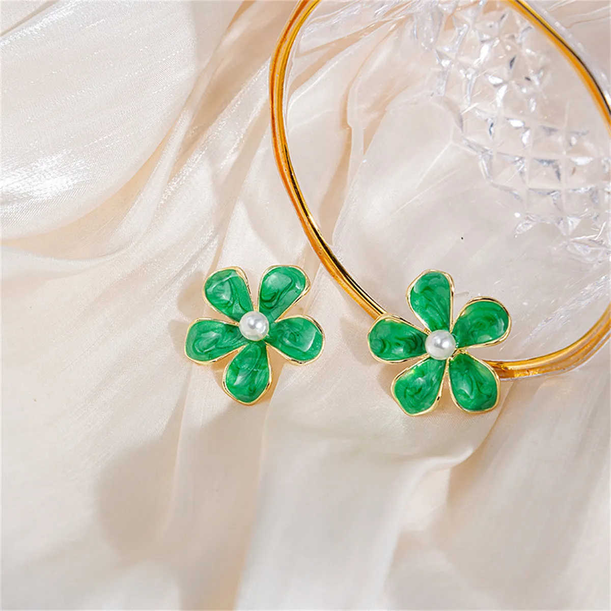 Green Enamel & Pearl Floral Stud Earrings