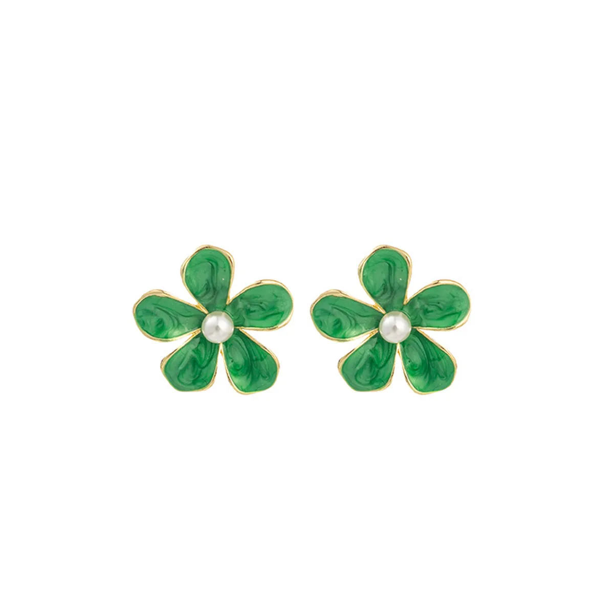 Green Enamel & Pearl Floral Stud Earrings