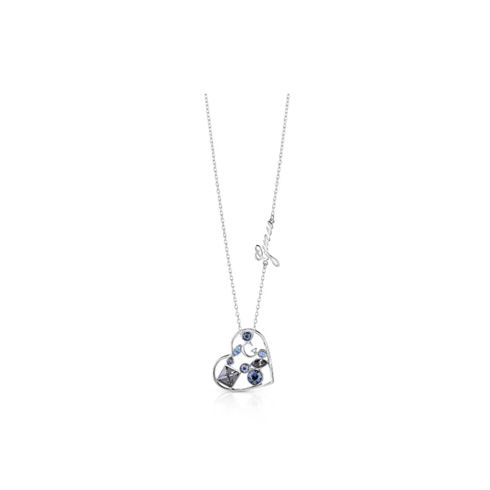 Guess Necklace Silver Color With Blue Crystal & Heart Shape Pendant Design 16-18