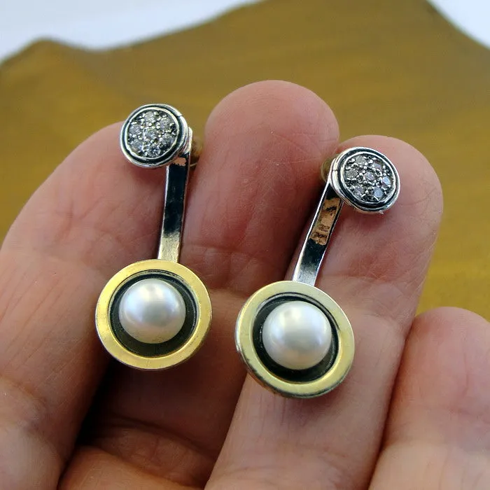 Hadar Designers 9k Yellow Gold Sterling Silver Pearl Zircon Stud Earrings (MS) Y
