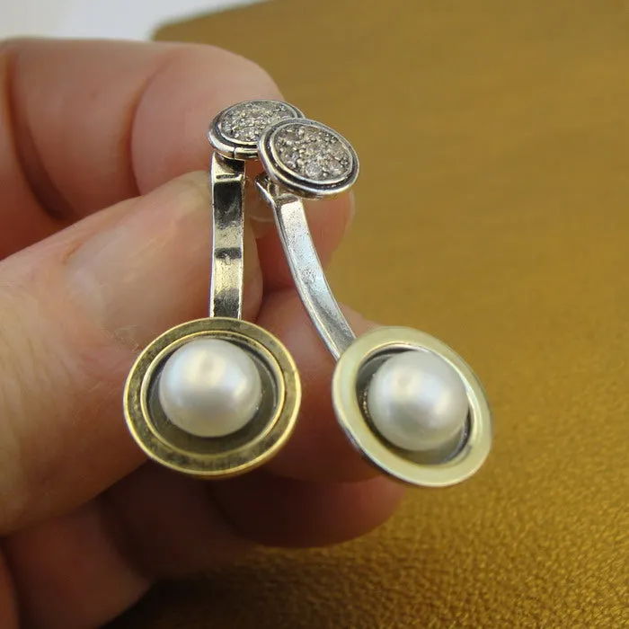 Hadar Designers 9k Yellow Gold Sterling Silver Pearl Zircon Stud Earrings (MS) Y