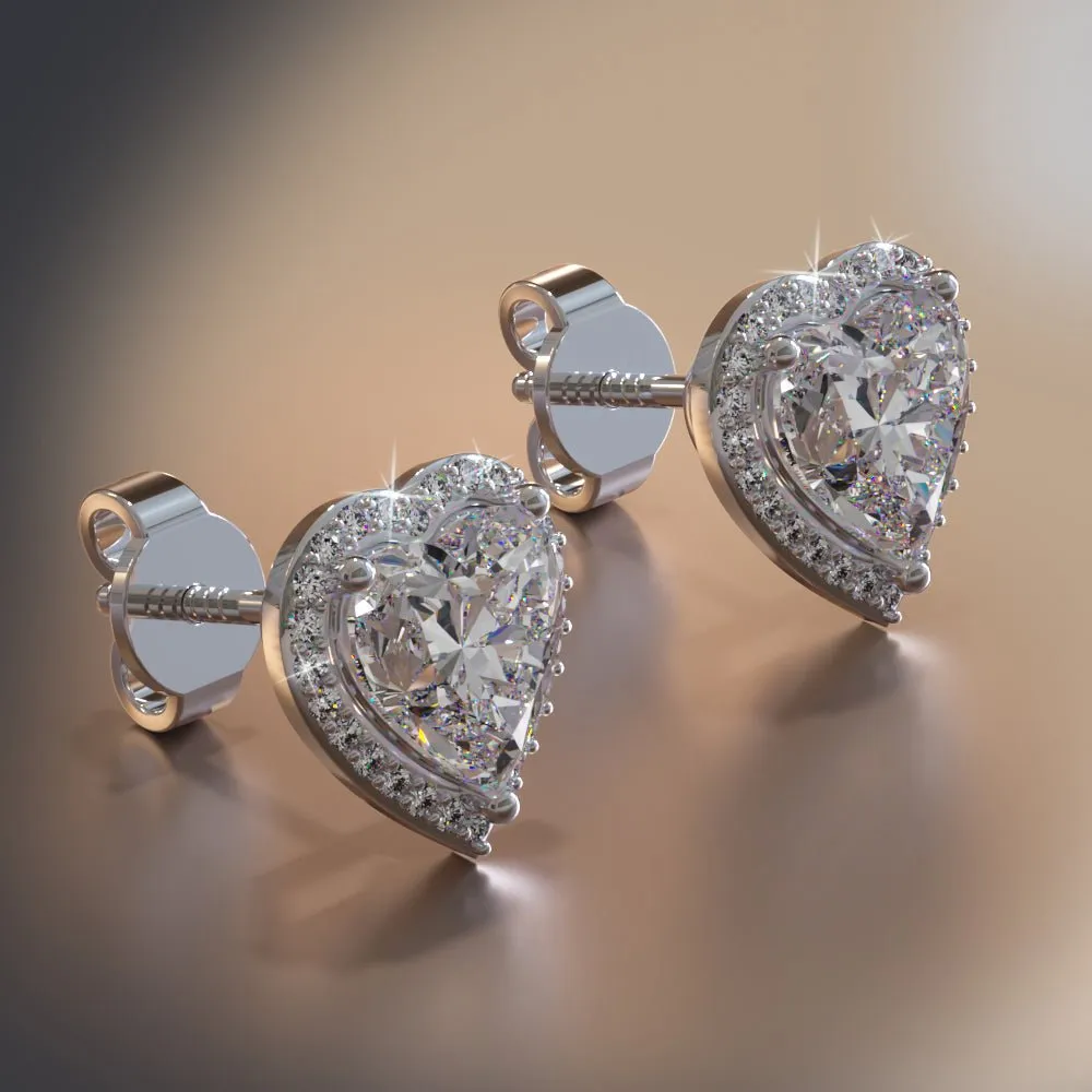 Halo Heart Diamond Stud Earrings with 1.18 ct. (2X0.50 ct. center diamonds)