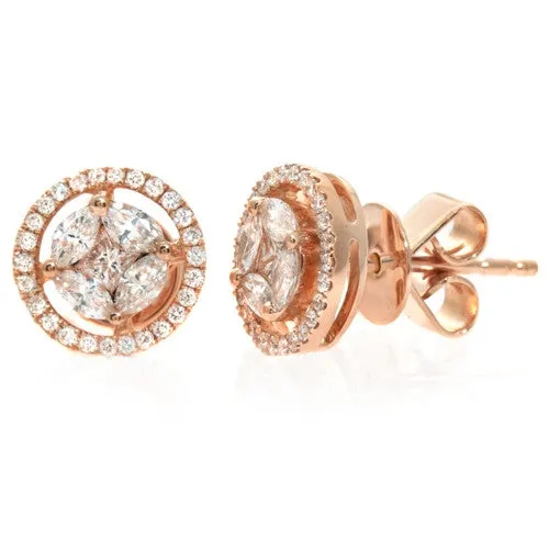 Halo Stud Earrings with Marquise & Round Diamonds in 18k Rose Gold
