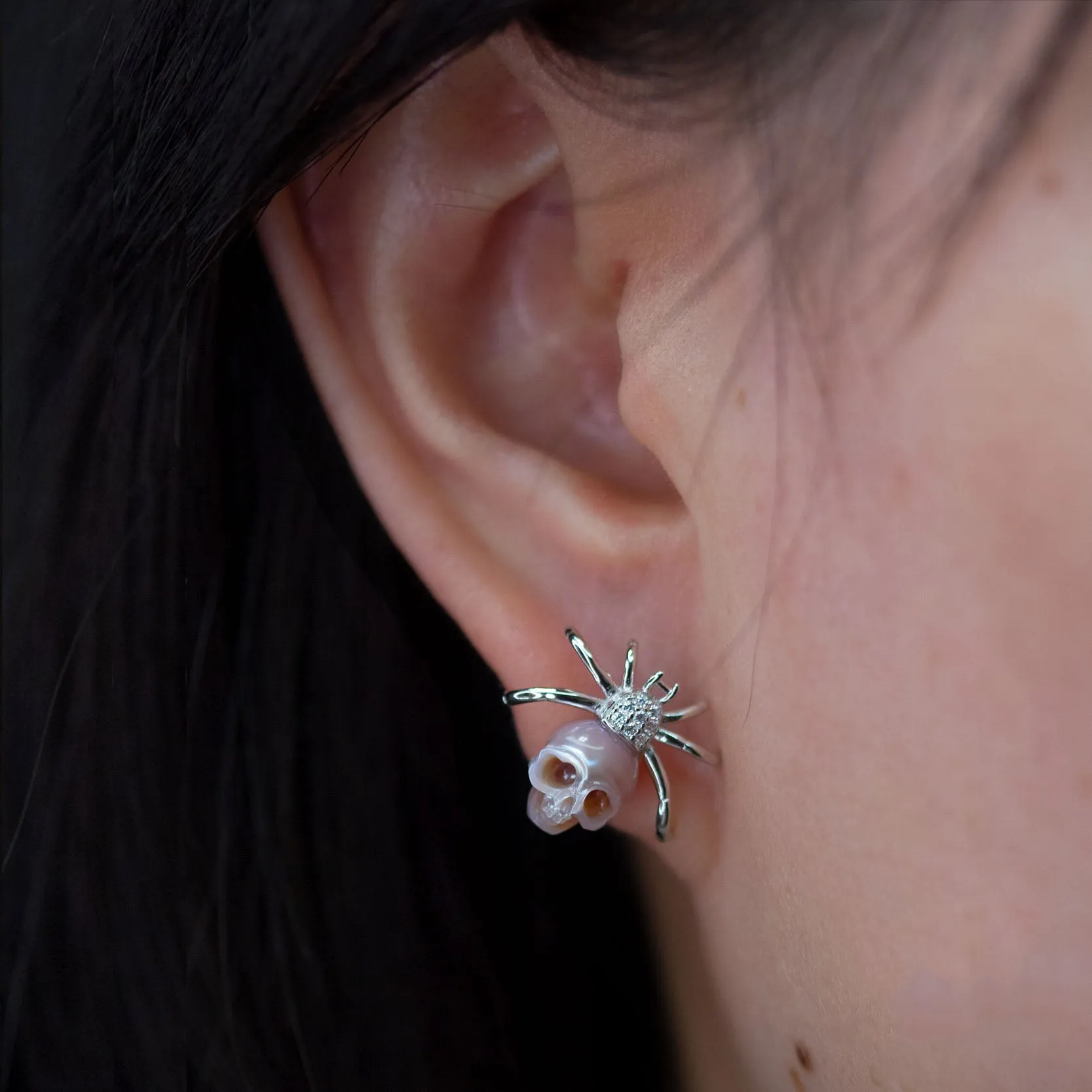 Hand-Carved Pearl Skull Spider Stud Earrings