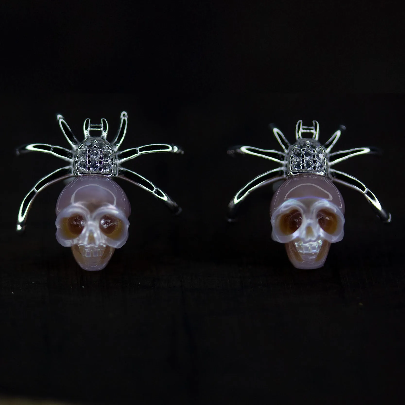 Hand-Carved Pearl Skull Spider Stud Earrings