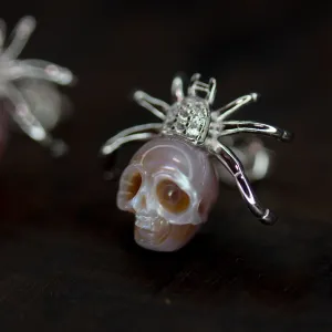 Hand-Carved Pearl Skull Spider Stud Earrings