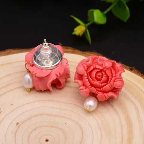Handmade Pure 92.5 Sterling Silver Coral Pearl Studs