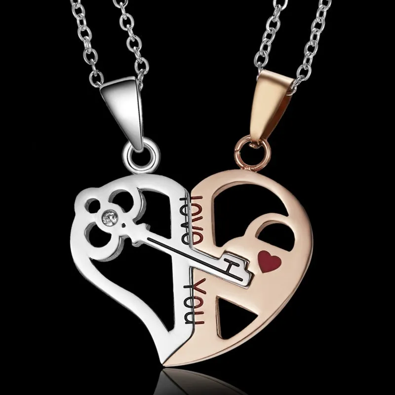 Heart Key Pendant Chain Couple Necklaces Stainless Steel Jewelry Set Gift