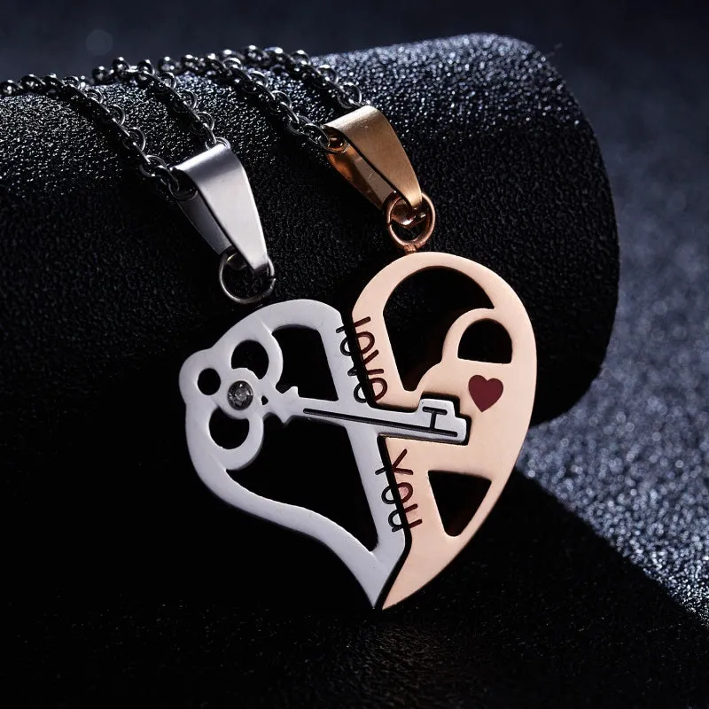 Heart Key Pendant Chain Couple Necklaces Stainless Steel Jewelry Set Gift