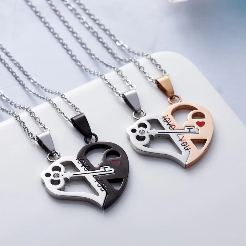 Heart Key Pendant Chain Couple Necklaces Stainless Steel Jewelry Set Gift