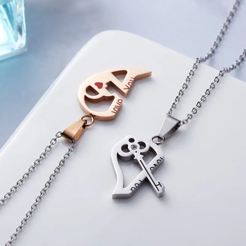 Heart Key Pendant Chain Couple Necklaces Stainless Steel Jewelry Set Gift
