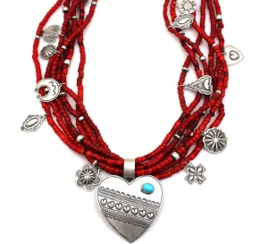 Heart Necklace on Six Strand Trade Beads