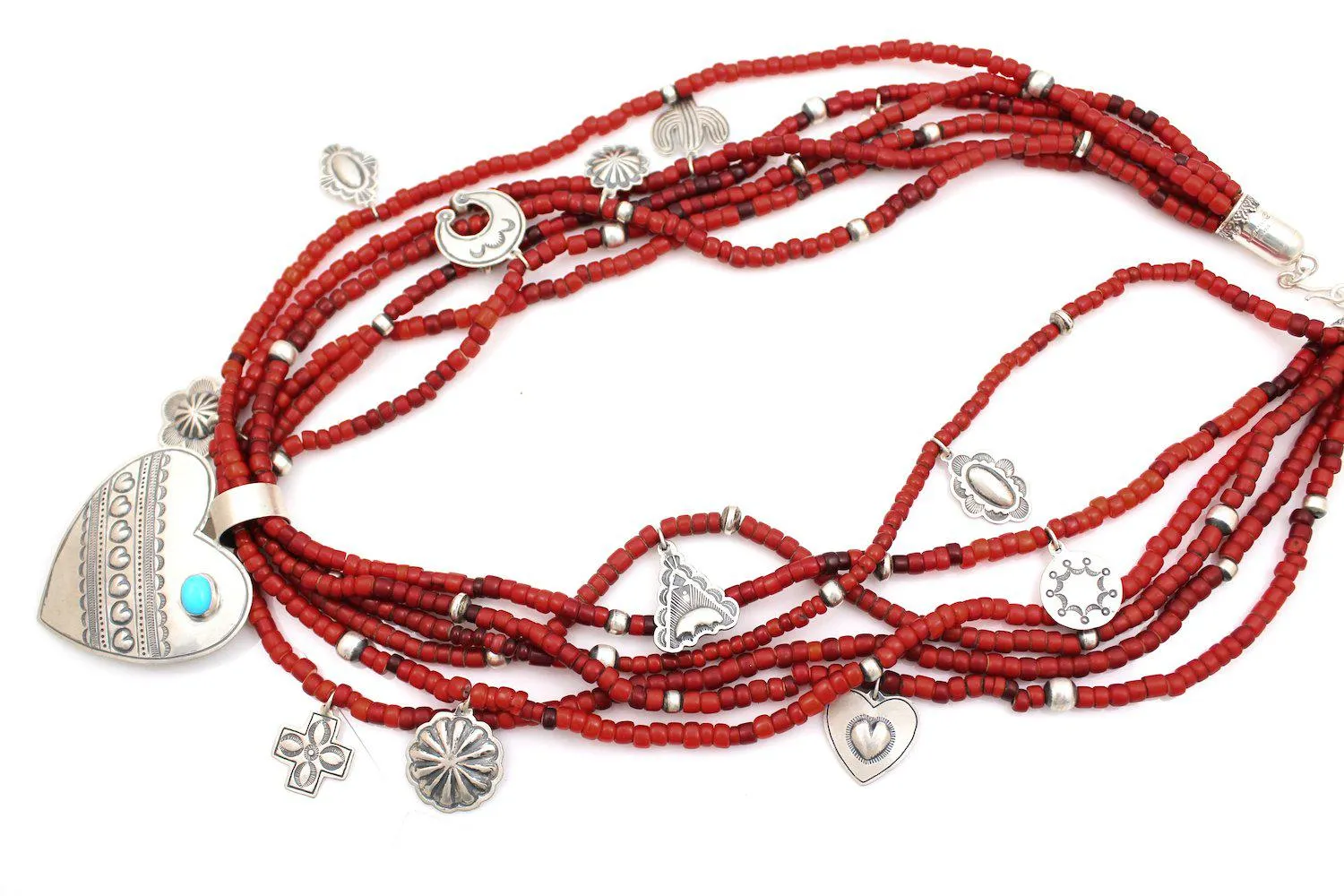 Heart Necklace on Six Strand Trade Beads