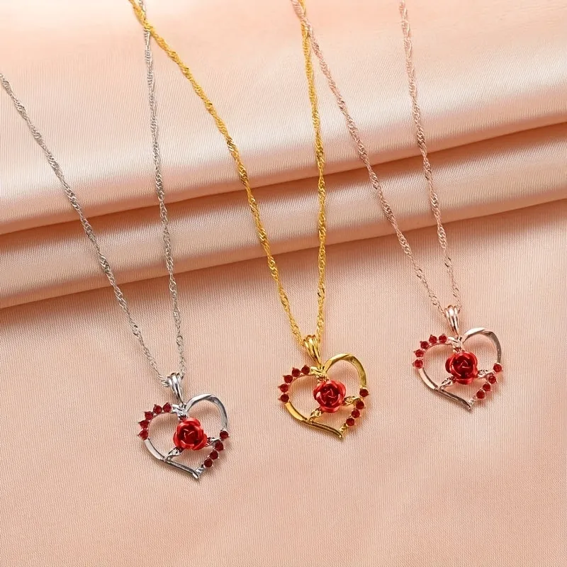Heart Rose Pendant Crystal Necklace Party Jewelry Anniversary Gift