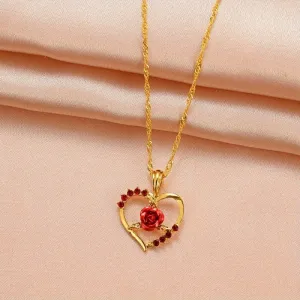 Heart Rose Pendant Crystal Necklace Party Jewelry Anniversary Gift