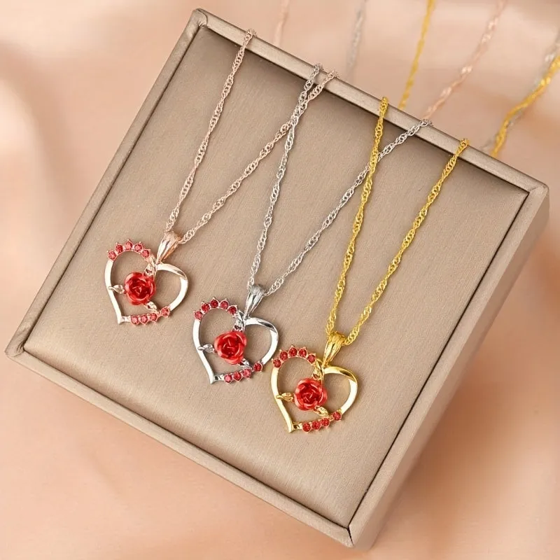 Heart Rose Pendant Crystal Necklace Party Jewelry Anniversary Gift