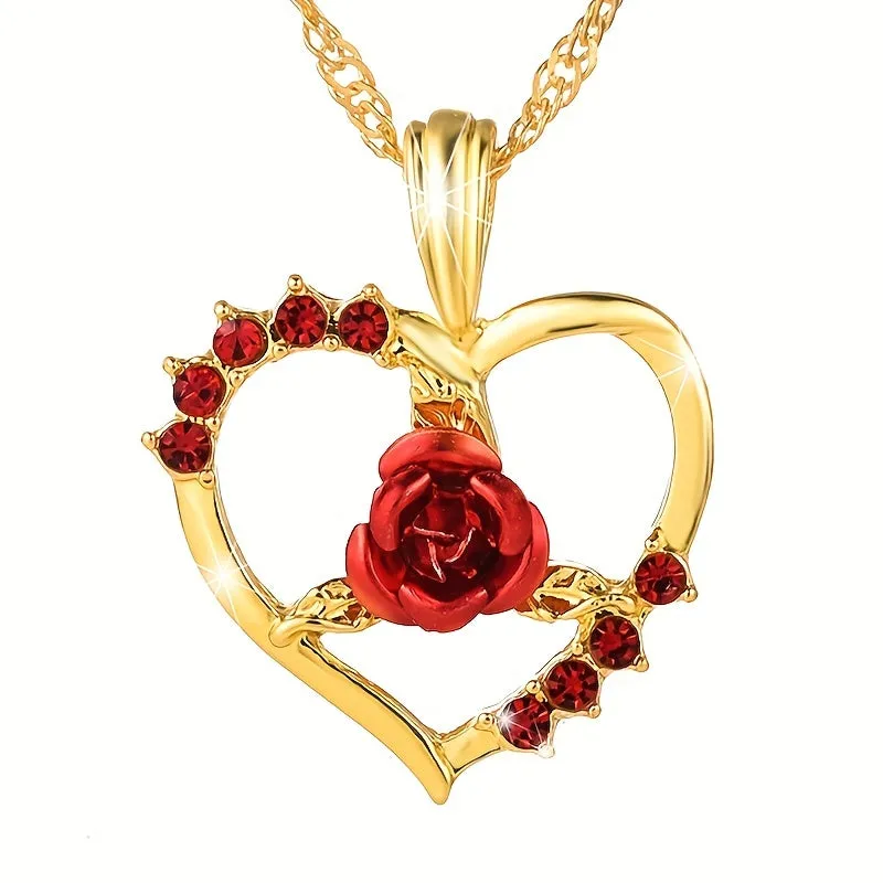 Heart Rose Pendant Crystal Necklace Party Jewelry Anniversary Gift