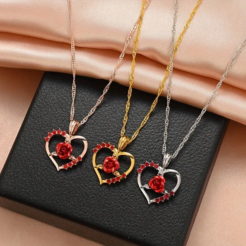 Heart Rose Pendant Crystal Necklace Party Jewelry Anniversary Gift