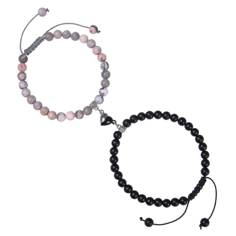Heart-Shaped Magnet Suction Black Frosted Stone Bracelet