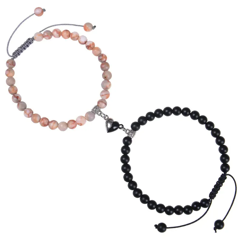 Heart-Shaped Magnet Suction Black Frosted Stone Bracelet
