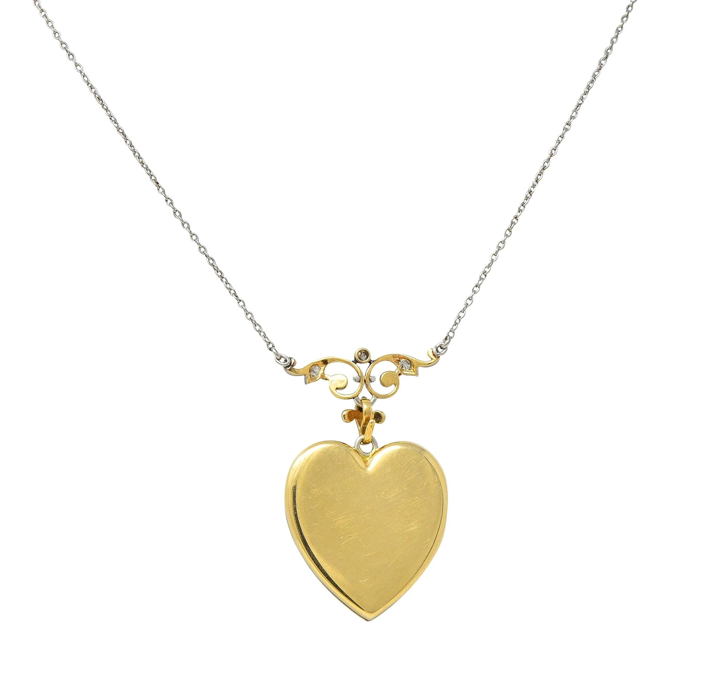Henry Blank & Co Edwardian Diamond Enamel Platinum 14K Gold Antique Heart Locket Pendant Necklace