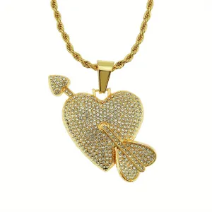 Hip Hop Diamond Heart Pendant Necklace Cupid's Arrow Men's Jewelry