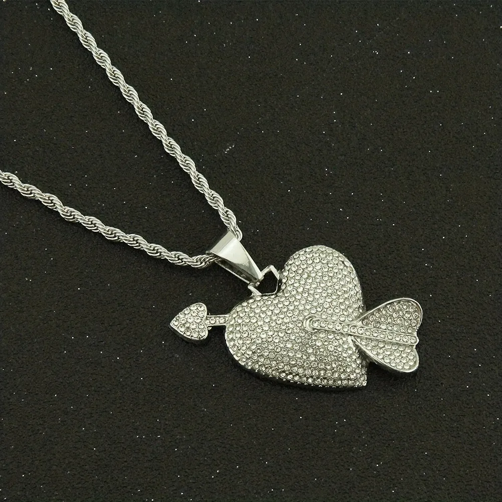 Hip Hop Diamond Heart Pendant Necklace Cupid's Arrow Men's Jewelry