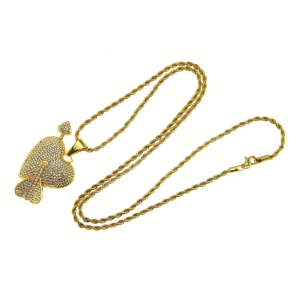 Hip Hop Diamond Heart Pendant Necklace Cupid's Arrow Men's Jewelry