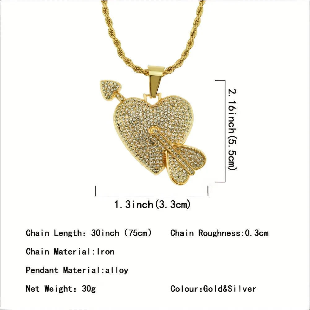 Hip Hop Diamond Heart Pendant Necklace Cupid's Arrow Men's Jewelry